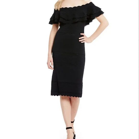 Eliza J Double Ruffle Black Knit Dress. Size Medium. - Picture 1 of 13